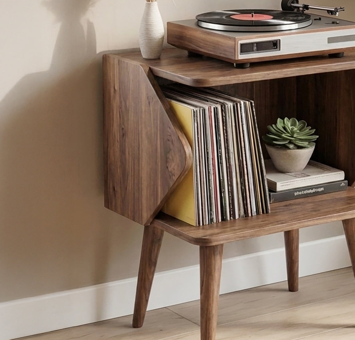 Mid Century Modern Wooden Record Player Stand with Vinyl Storage