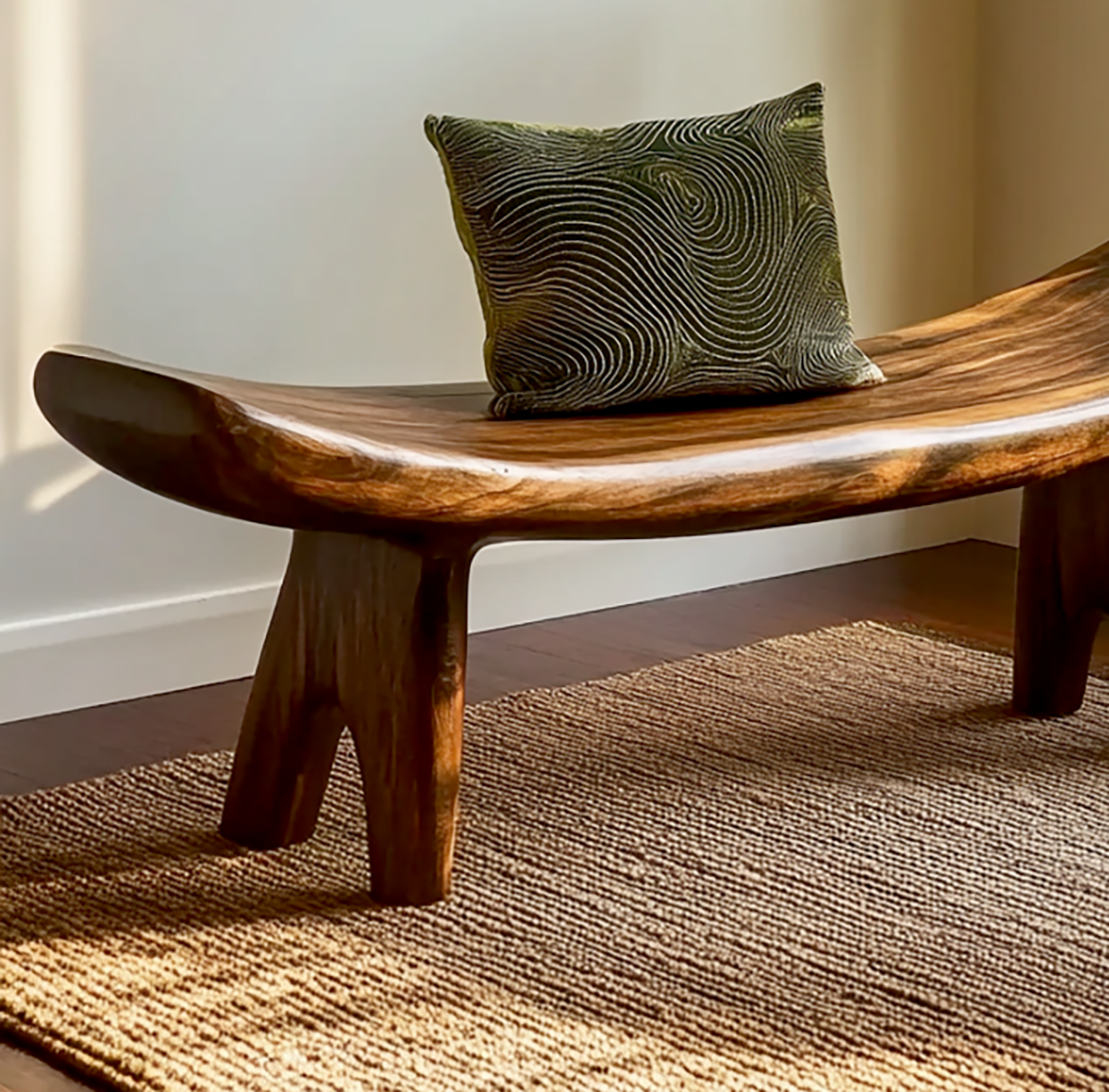 Minimalist Organic Wood Bench – Hand-Carved Sculptural Seating for Bedroom & Entryway
