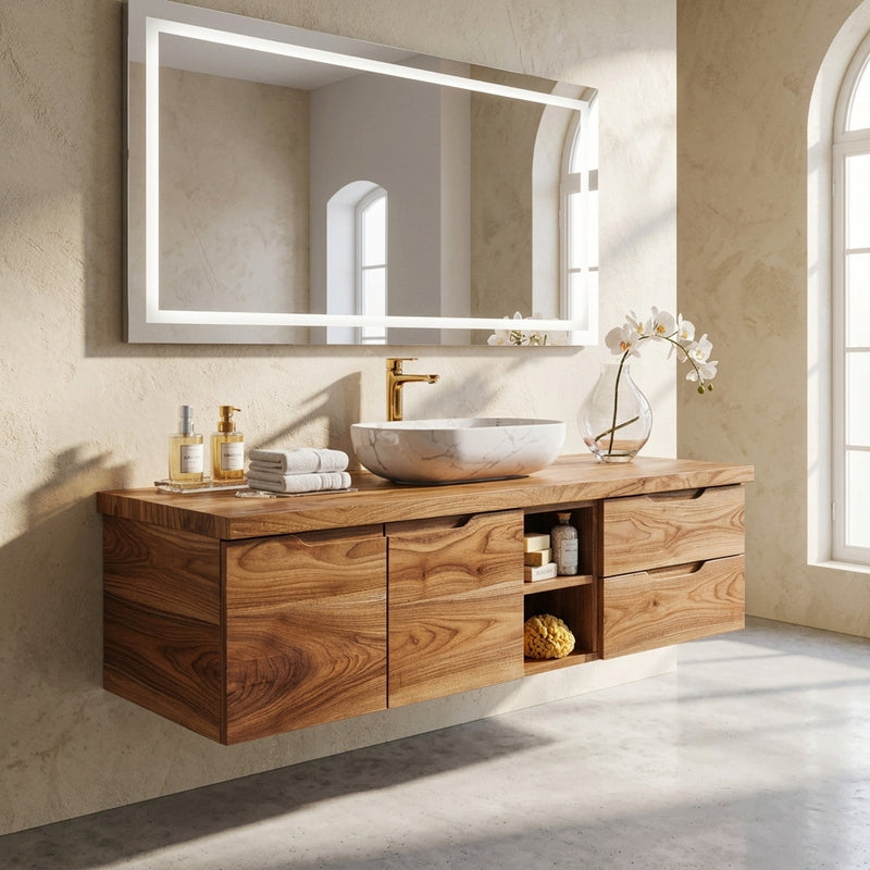 Minimalist floating wooden bathroom vanity crafted from solid wood