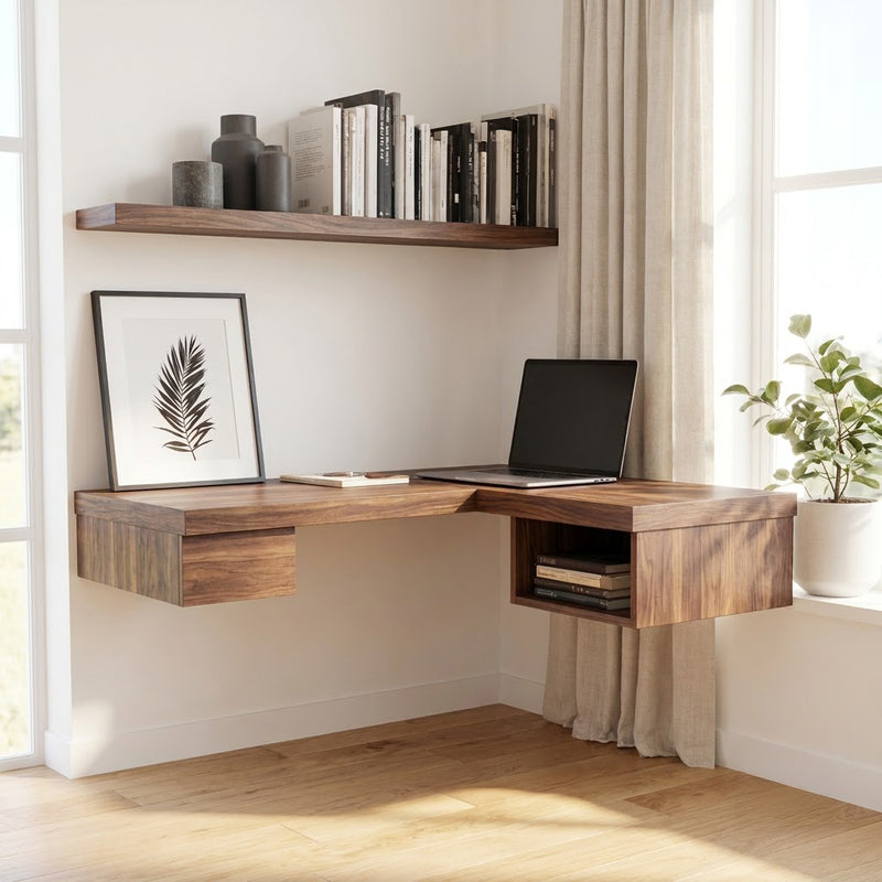 Modern handcrafted floating L-shaped corner desk with drawer and open cubby in solid wood