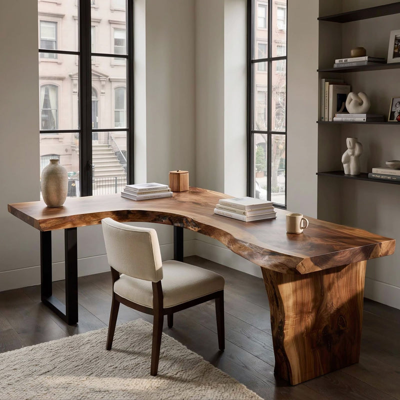 Modern live edge L-shaped desk crafted from premium solid wood