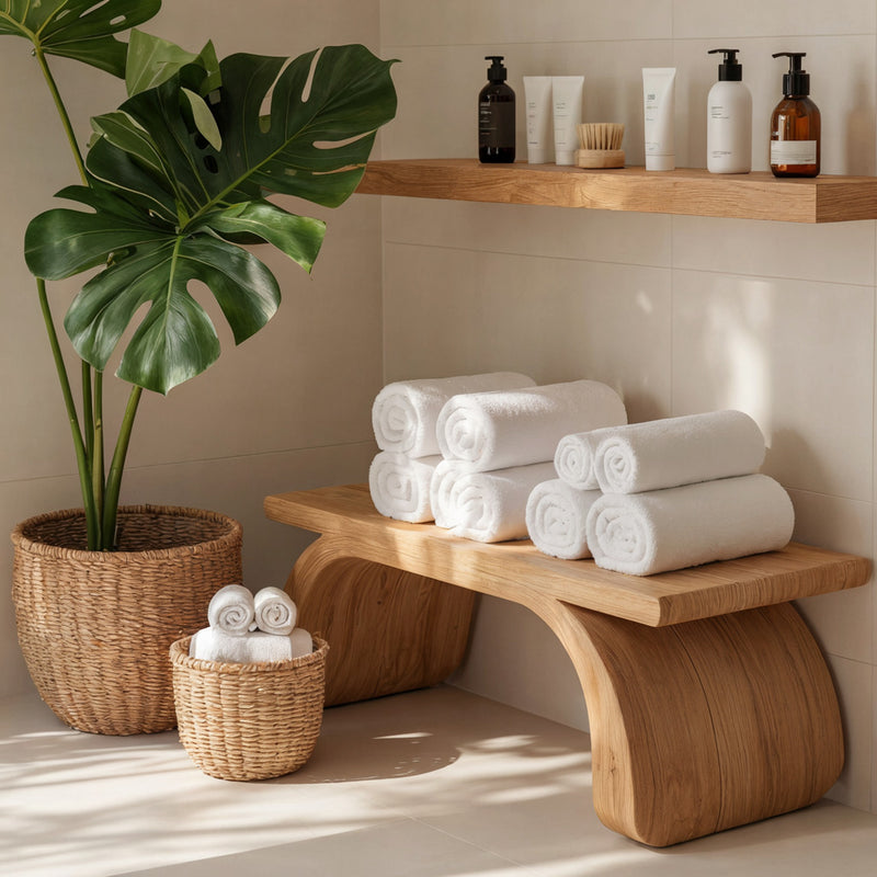 Modern organic shower bench in solid wood