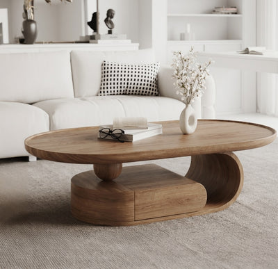 Modern Solid Wood Sculptural Coffee Table with Oval Top – Handcrafted Wave Base