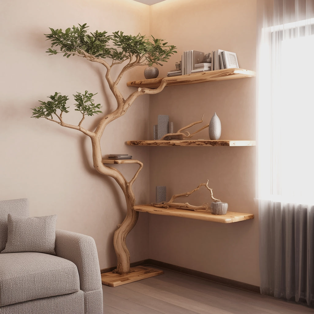 Mortise-and-tenon joint detail on handcrafted corner tree bookshelf showing solid wood construction, Modern cozy living room corner with tree-inspired wooden shelves and soft gray armchair