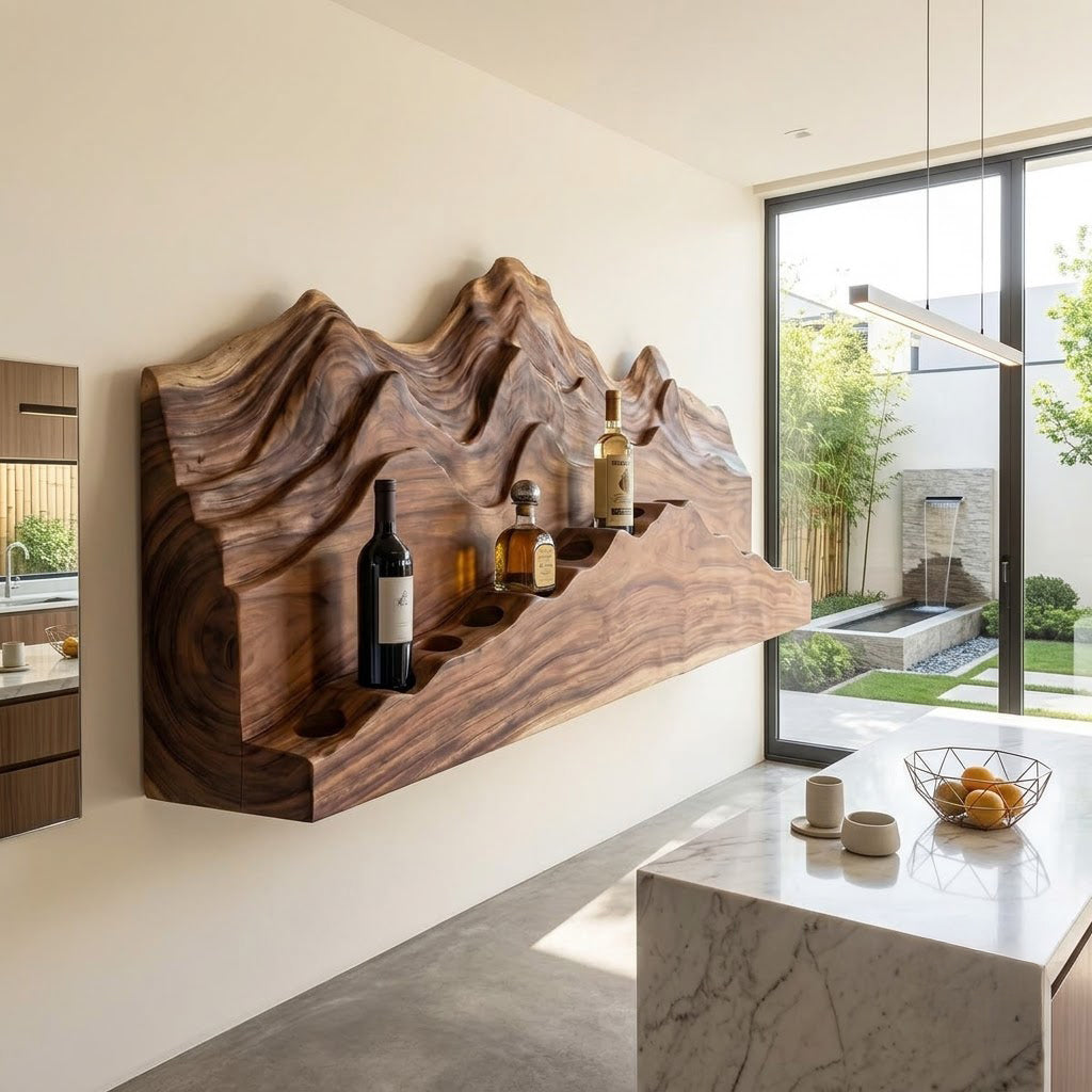 Organic solid wood mountain wine rack displayed in a minimalist dining space