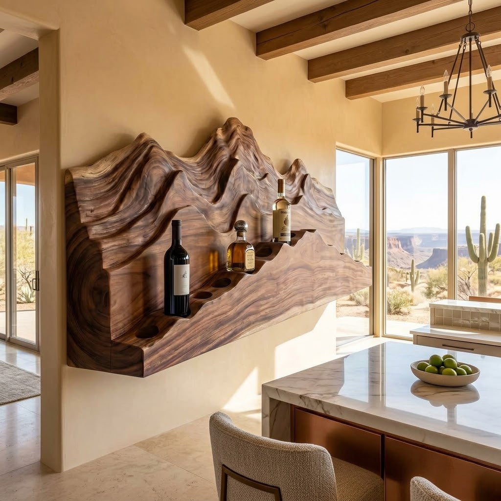Wall mounted solid wood bar shelf featured in a sophisticated dining interior