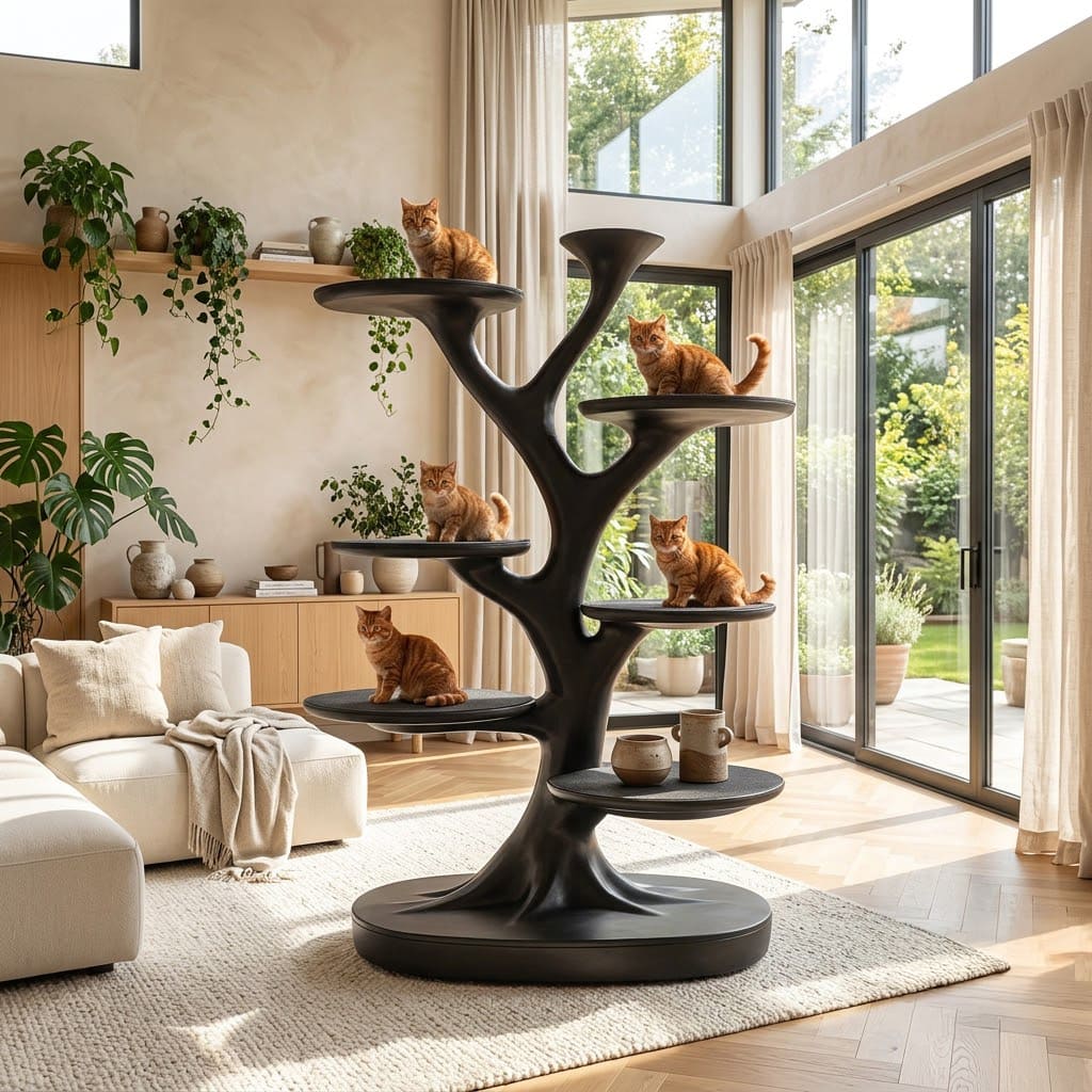 Matte-finished solid wood cat tower styled in a modern pet-friendly interior