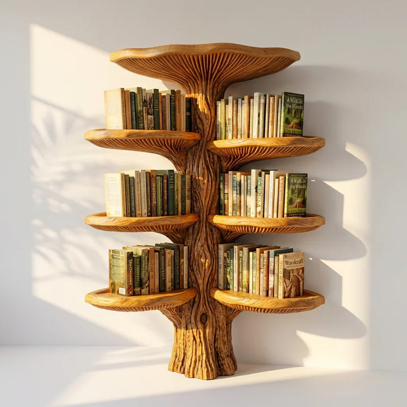Mushroom Tree Wall Bookshelf with 4 Tiers of Paired Gill Shelves and Crown Cap, Handcrafted Solid Wood Mounted Bookcase for Living Room, Office, Library - Ashdeco 2026