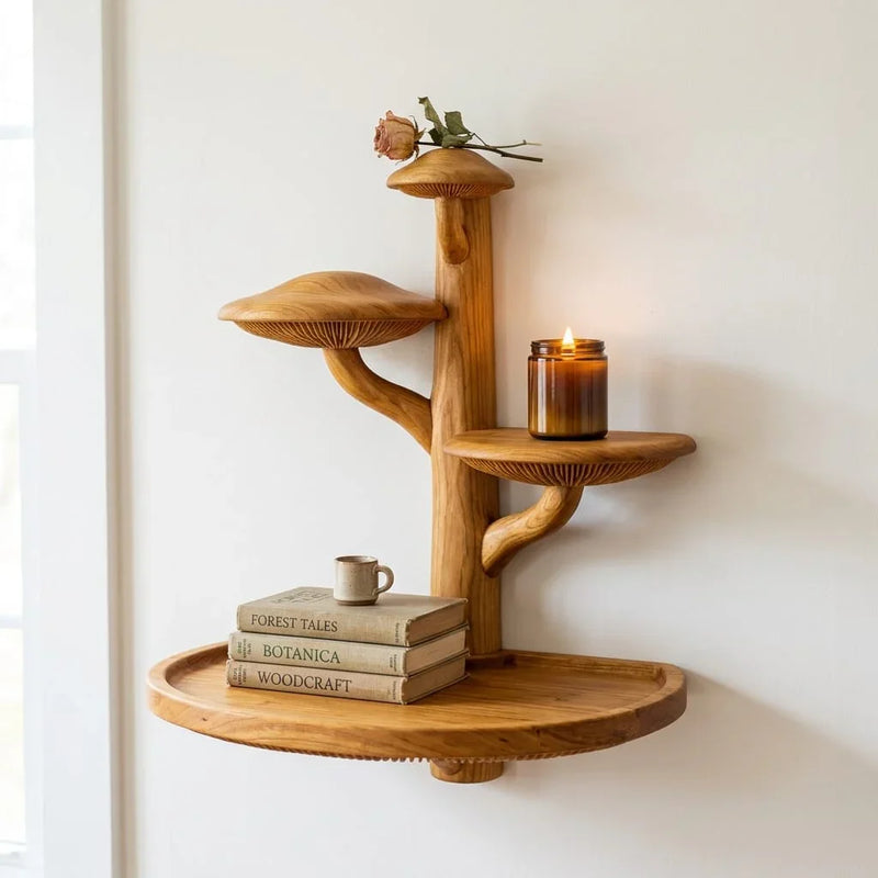 Mushroom Tree Wall Shelf with Large Oval Base Tray and 3 Mushroom Cap Shelves - Handcrafted Solid Wood Floating Shelf with Carved Gill Detail - Ashdeco 2026