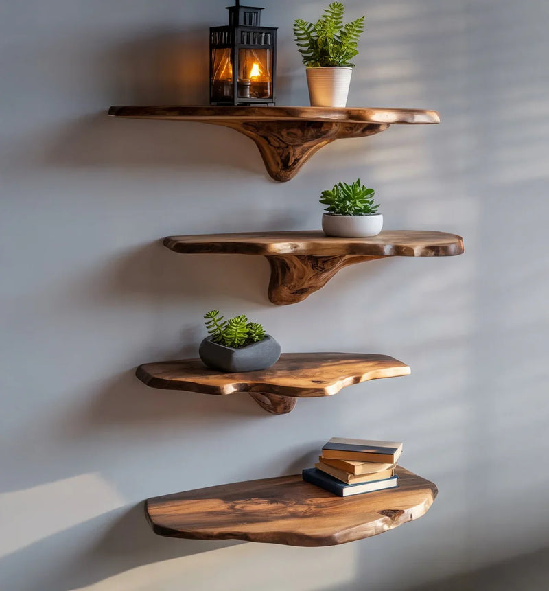 mushroom floating shelf on sage green wall with small plant