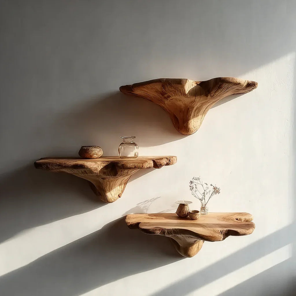 Live edge solid wood floating shelves on white wall with minimalist decor in sunlight