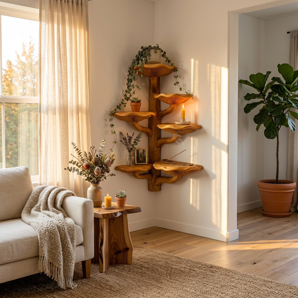 Mushroom Tree Corner Shelf Floor to Ceiling, Handcrafted Solid Wood Vertical Bookshelf with Spiral Mushroom Cap Shelves for Living Room, Bedroom, Reading Nook - Ashdeco 2026