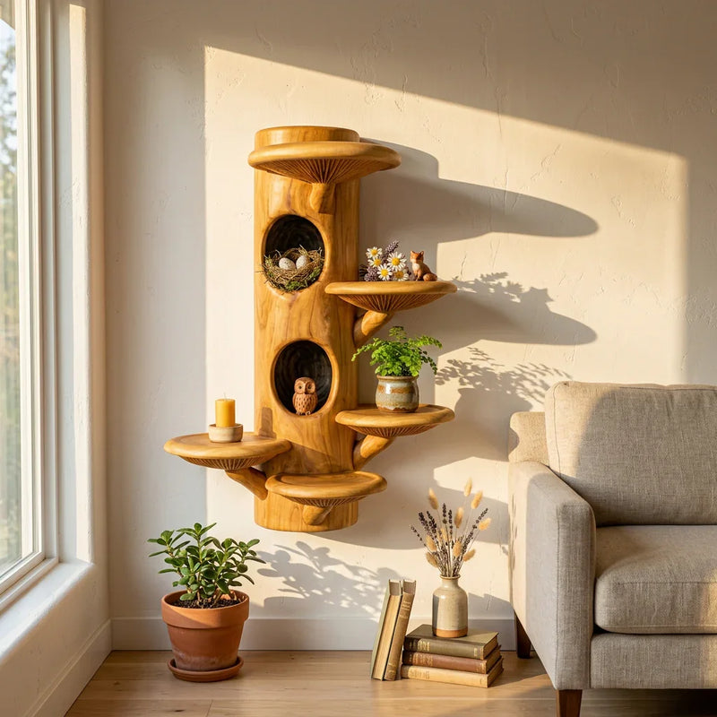 Mushroom Tree Column Wall Shelf with Two Bird Nest Hollows, Two Nooks, Handcrafted Solid Wood Sculptural Display for Living Room, Bedroom, Nursery - Ashdeco 2026
