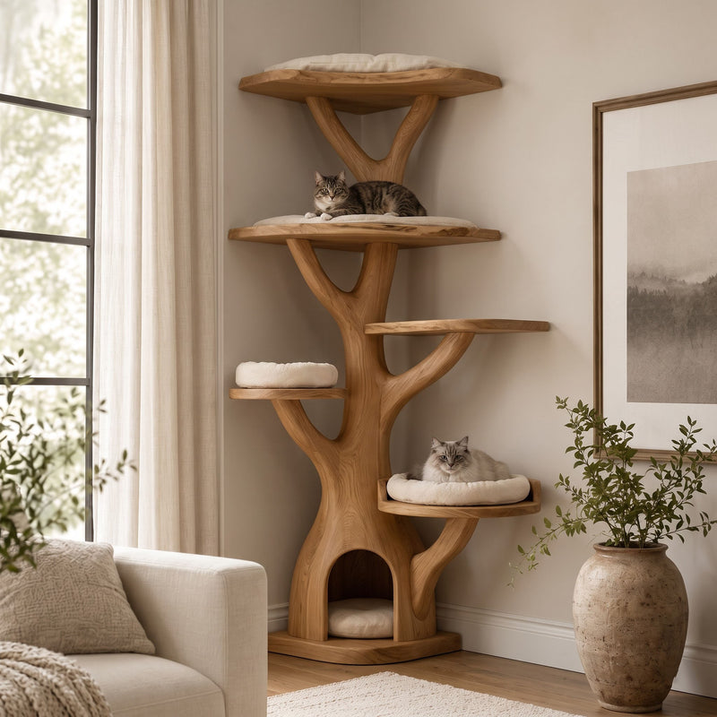 Nature-inspired branch corner cat tree in solid wood
