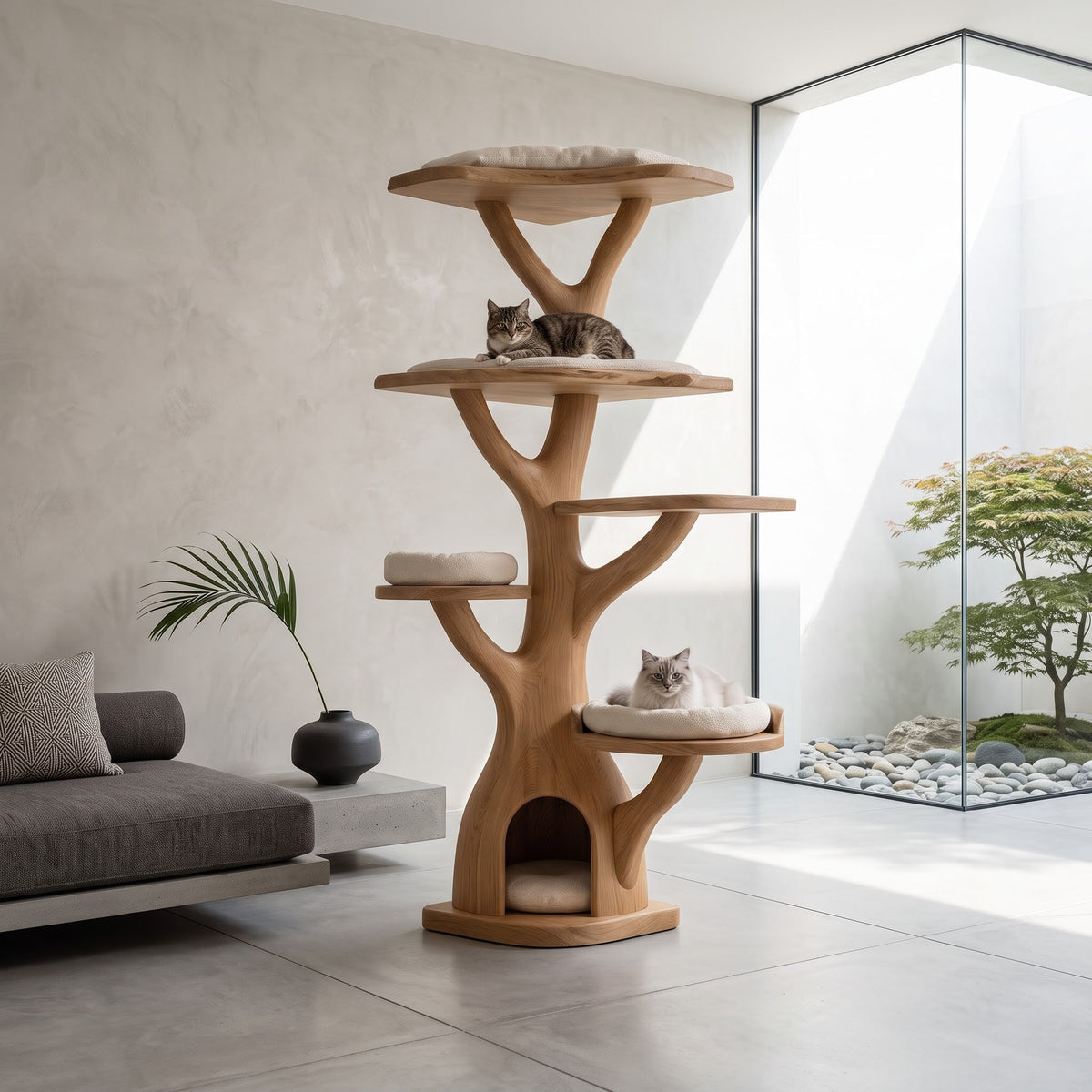 Solid wood corner cat tower condo styled in a modern pet space
