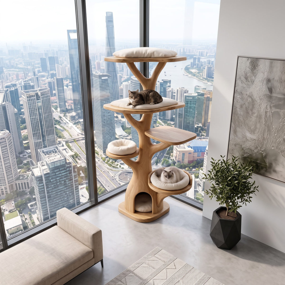 Nature-inspired solid wood cat condo showcased as a statement pet furniture piece