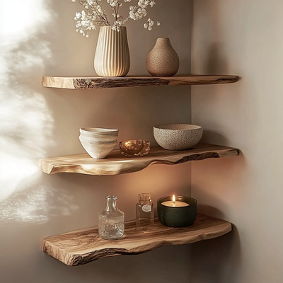 Organic Live Edge Solid Wood Floating Shelves