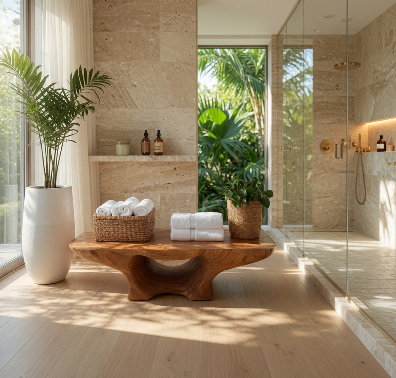Organic shower bench with storage in solid wood