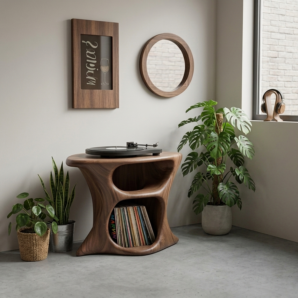 Organic Solid Wood Record Player Stand-Sculptural Vinyl Storage