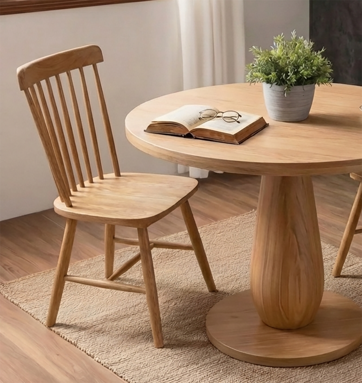 Round Solid Wood Pedestal Dining Table Handcrafted Solid Wood Center Table