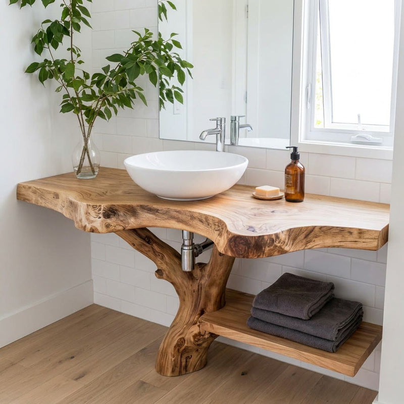 Rustic live edge bathroom vanity crafted from solid wood with a hand-carved tree branch leg