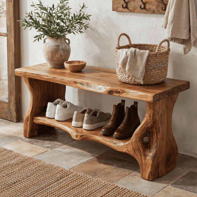Rustic live edge entryway bench crafted from solid wood with lower storage