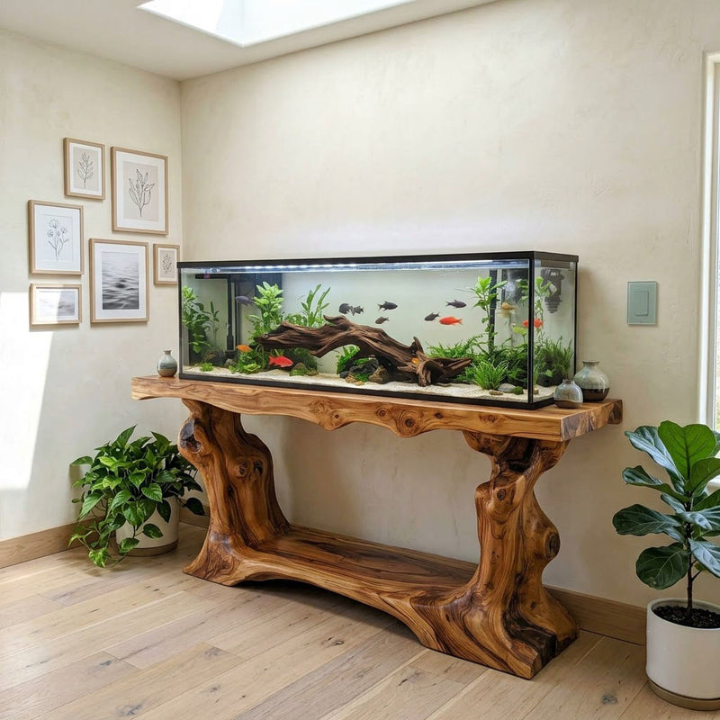 Rustic live edge tree root aquarium stand in solid wood
