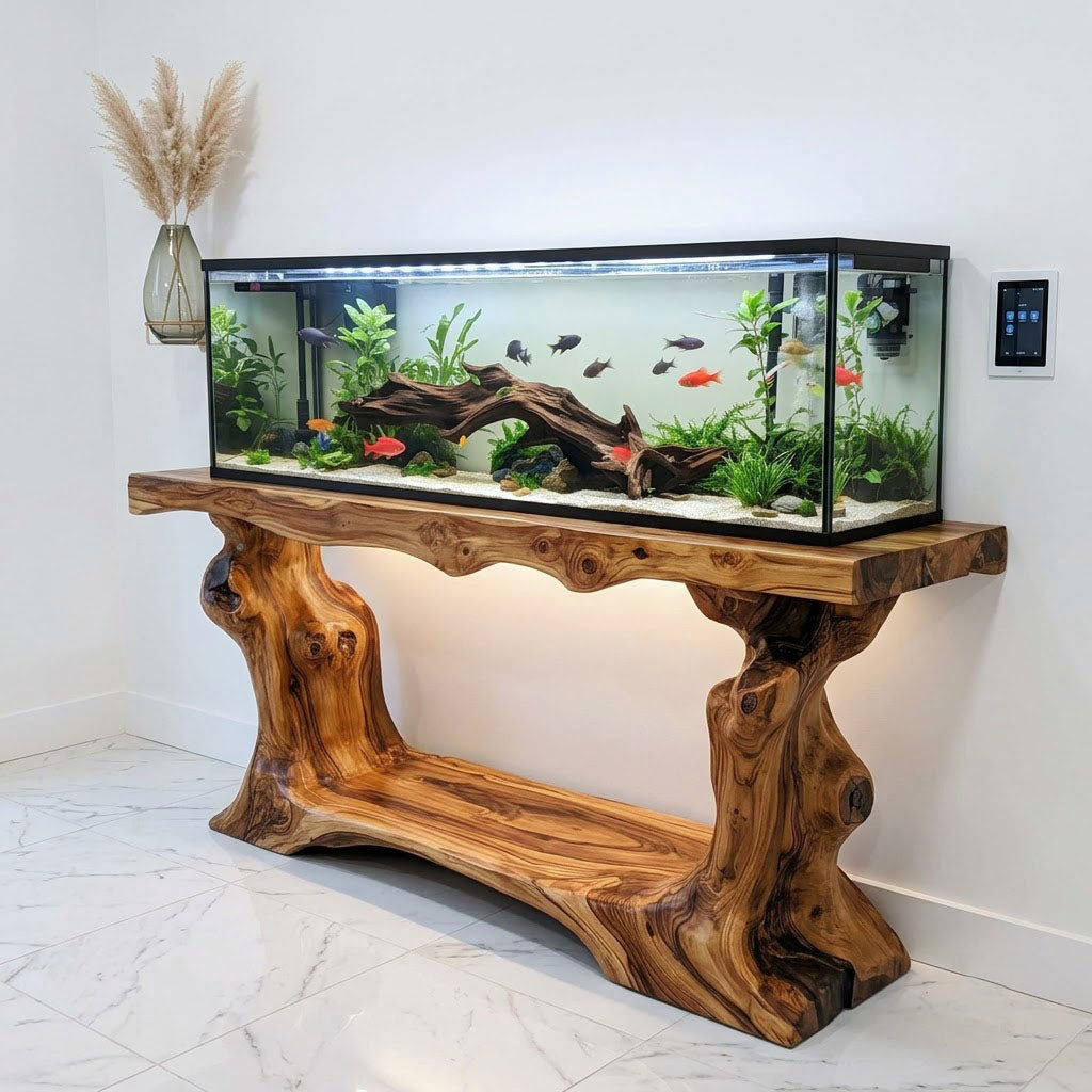 Organic solid wood tree root aquarium stand displayed in a minimalist interior
