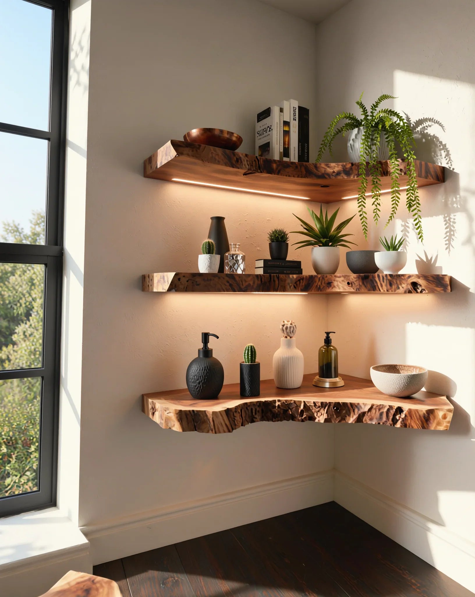 Live edge floating wood shelves with plants, decor, and books in a sunlit corner room. Rustic corner shelf FAQ infographic with dimensions and weight capacity guide