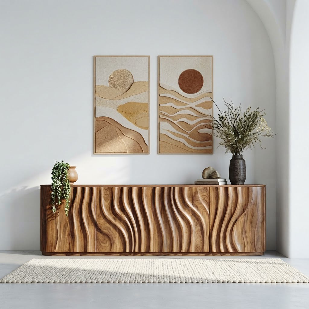 Sculptural wave credenza styled with decorative vases in a minimalist interior