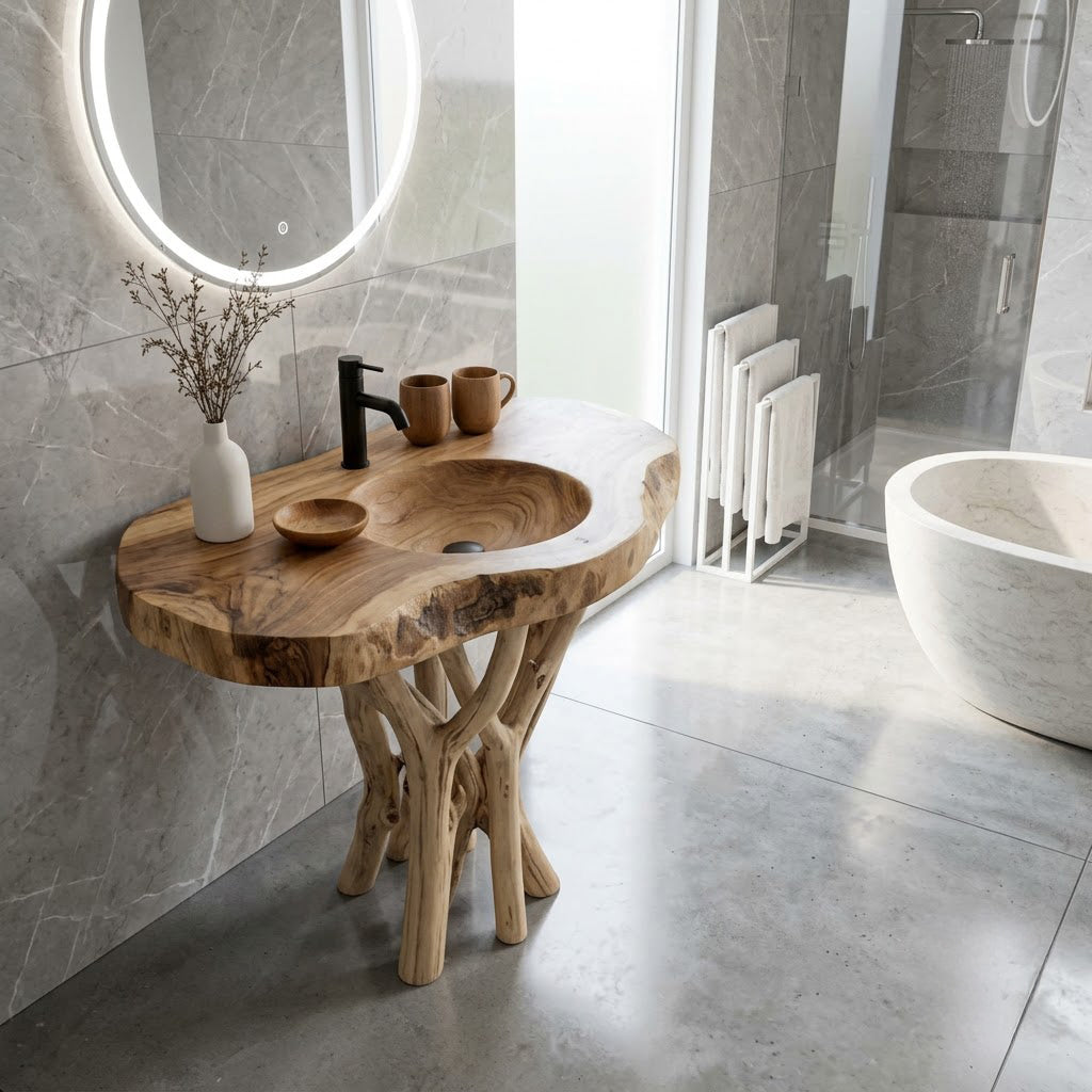 Sculpted branch pedestal bathroom vanity in solid wood