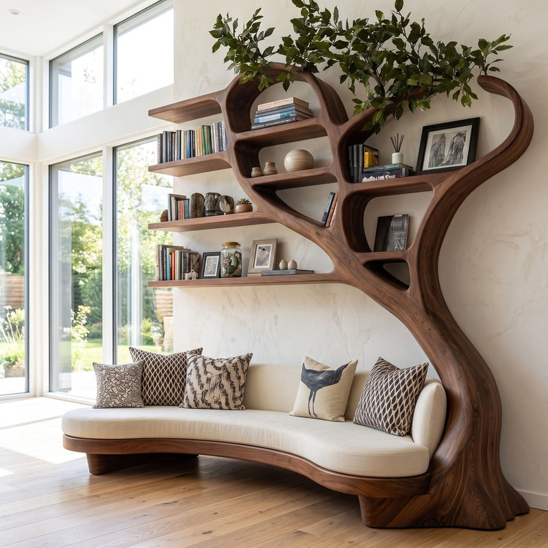 Organic solid wood tree bookshelf with a curved daybed base