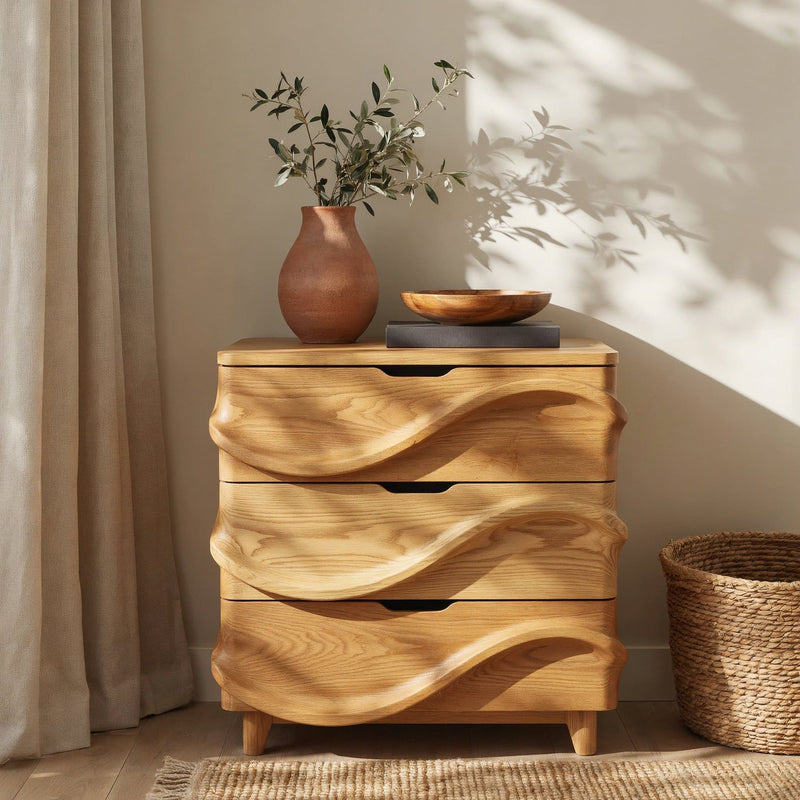 Sculpted wave accent storage cabinet with 3 drawers in natural solid wood