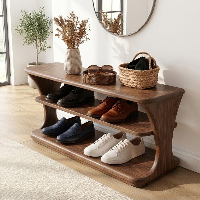 Sculptural 3-tier entryway shoe bench crafted from solid wood with a curved design