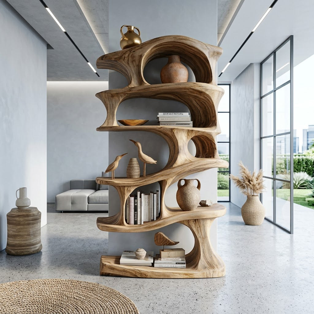 Sculptural solid wood open display bookcase enhancing a contemporary living space