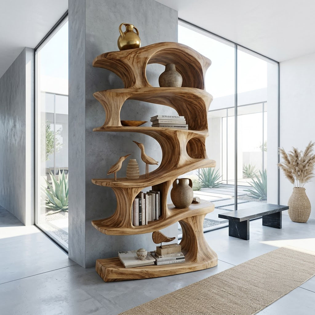 Fluid wave solid wood bookshelf showcased as a statement display piece
