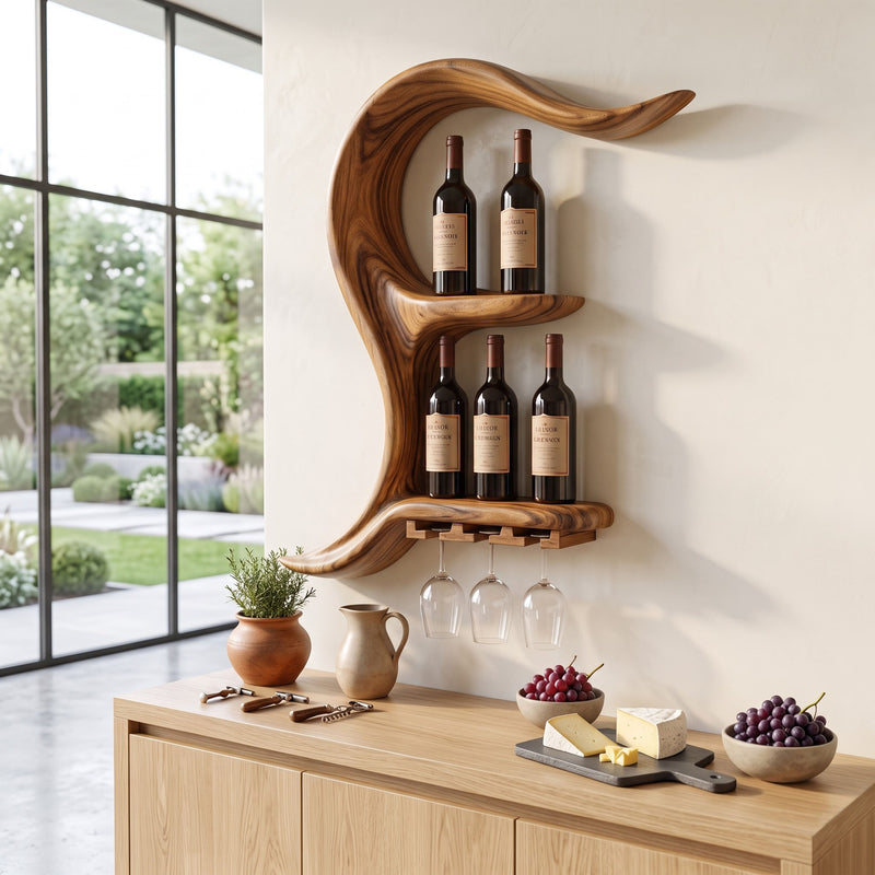 Sculptural fluid wave wall wine rack in solid wood
