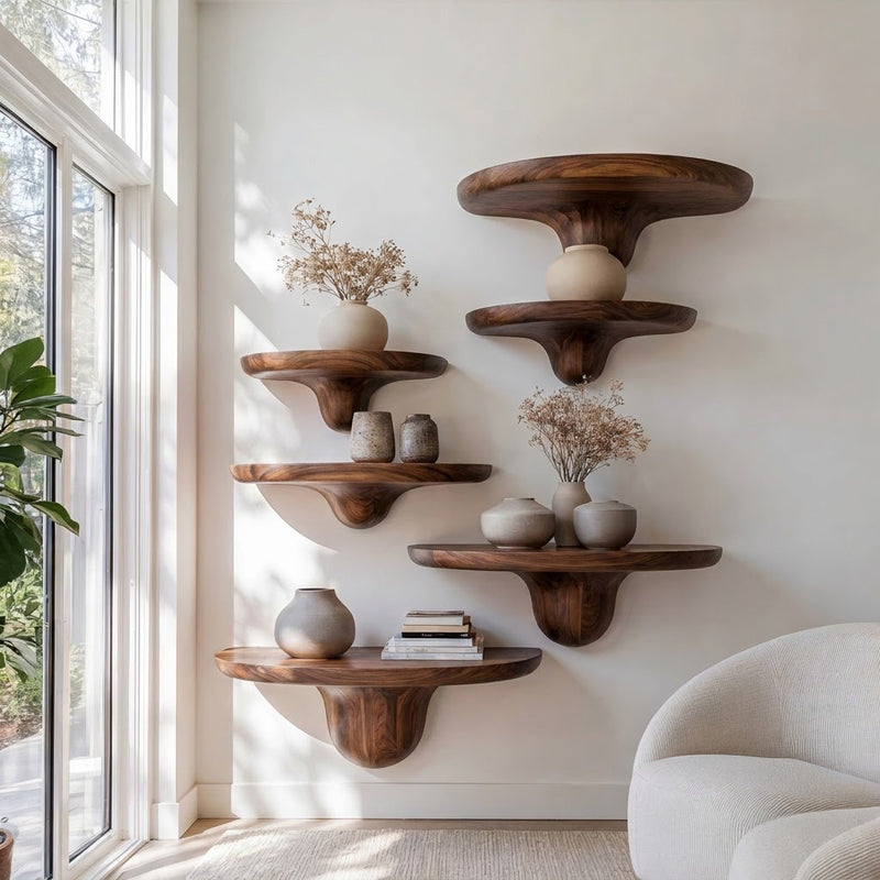 Hand-carved biomorphic wall display ledges in solid wood