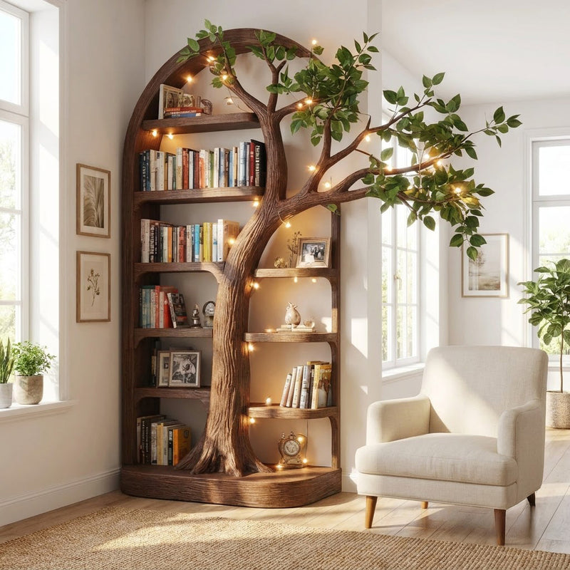 Hand-carved branch canopy bookshelf in solid wood