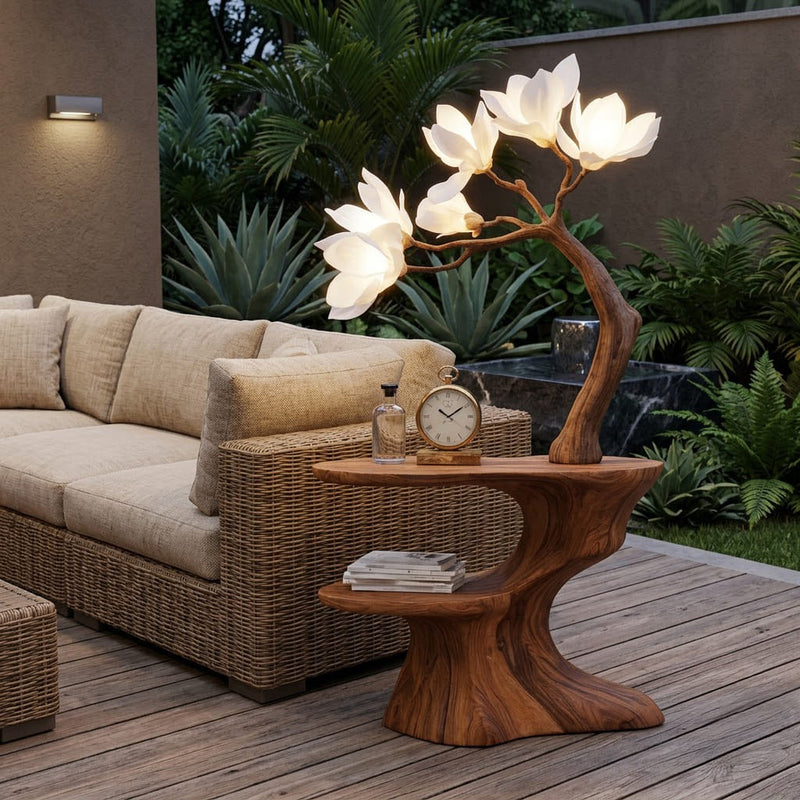 Sculptural hand-carved end table crafted from solid wood with a magnolia flower branch