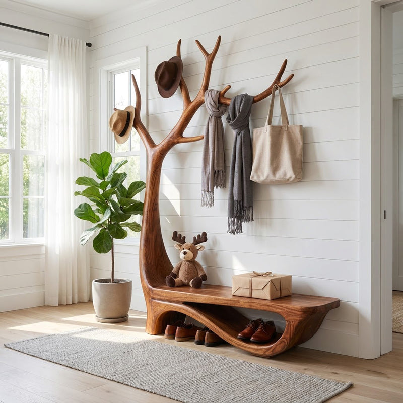 Sculptural hand-carved tree entryway bench with branch coat rack and shoe shelf in solid wood