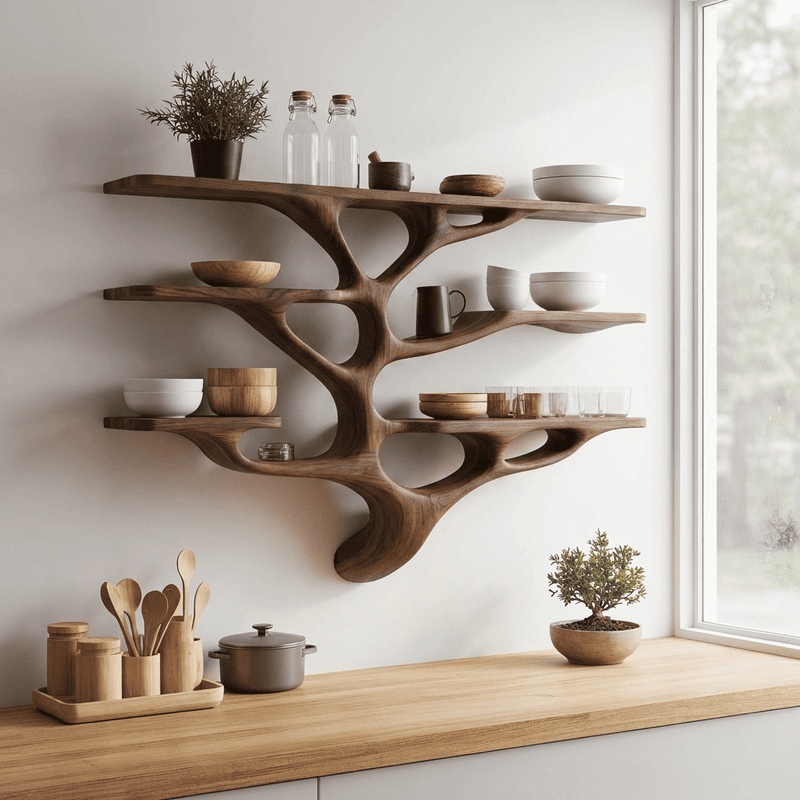 Hand-carved tree branch tableware shelf in solid wood
