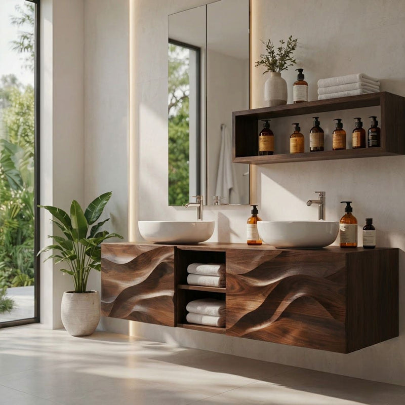 Sculptural hand-carved floating bathroom vanity crafted from solid wood with a wave design