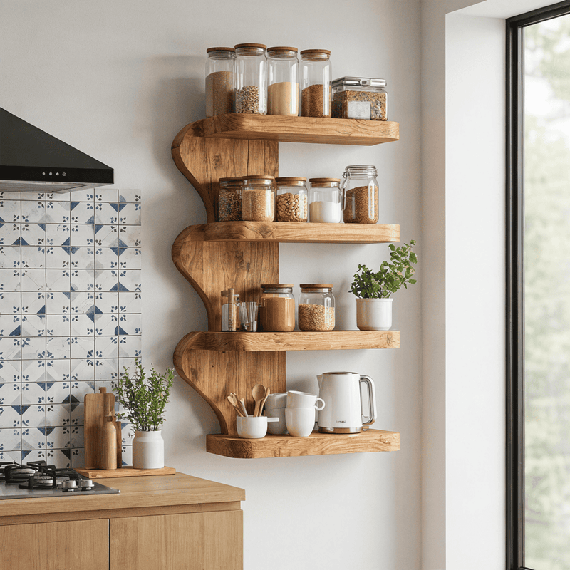 Sculptural handcrafted wave 4-tier kitchen wall shelf in solid wood