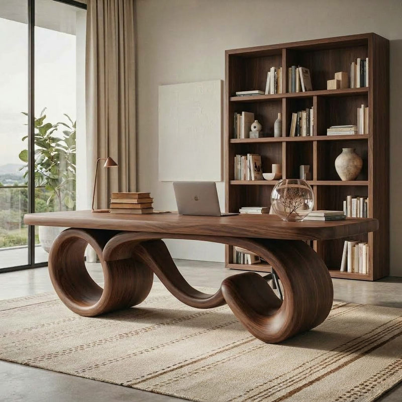 Sculptural infinity loop executive desk in solid wood