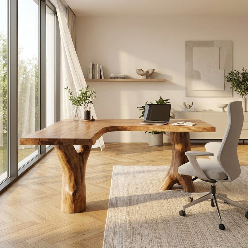 Sculptural L-shaped executive desk crafted from solid wood with live edge detailing