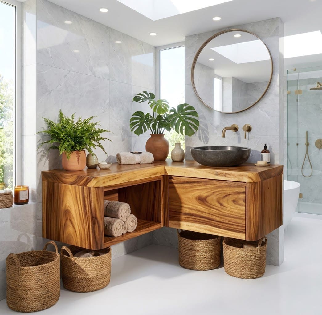 Sculptural L-shaped bathroom vanity crafted from solid wood with a live edge design