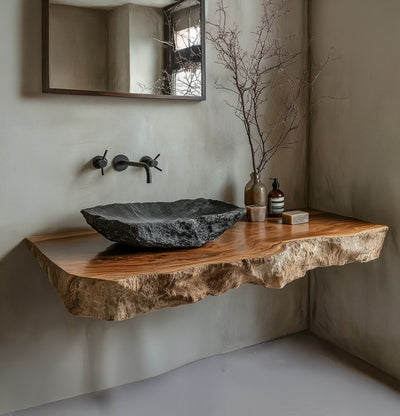 Sculptural Live Edge Solid Wood Bathroom Vanity – Luxury Organic Modern Design
