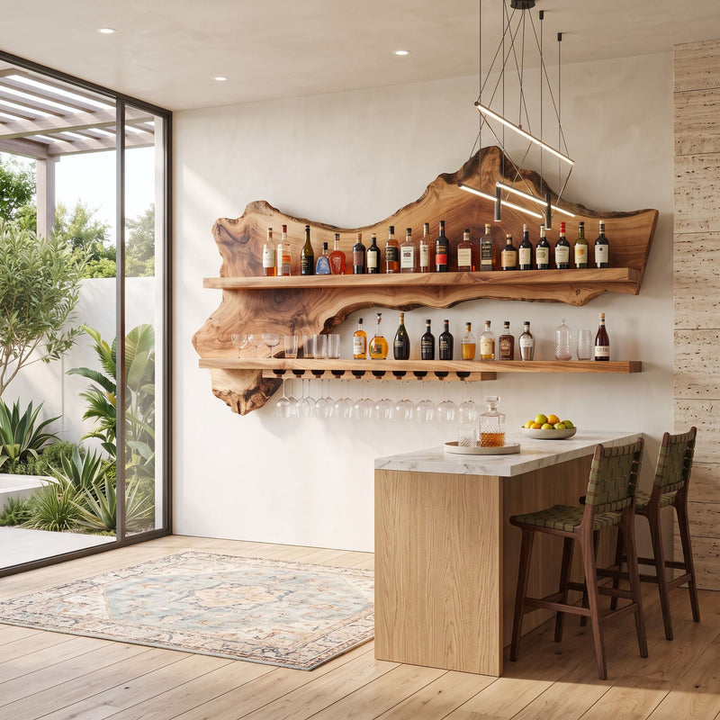 Sculptural live edge floating bar shelf in solid wood