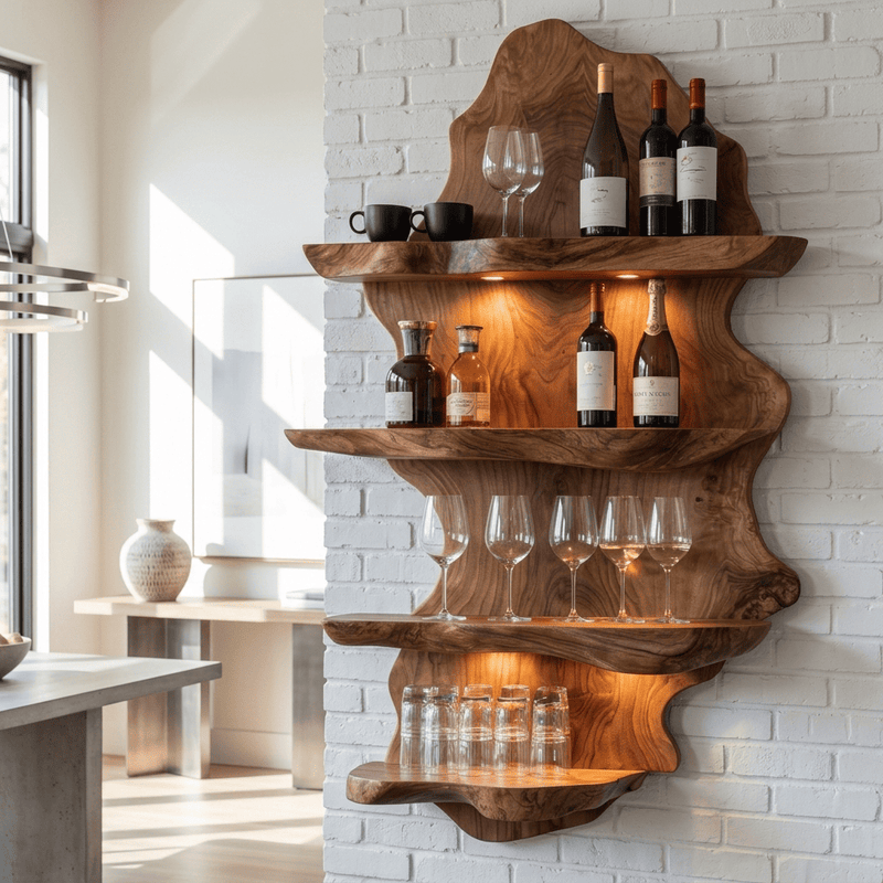 Sculptural live edge wall wine rack crafted from solid wood with integrated glassware shelf